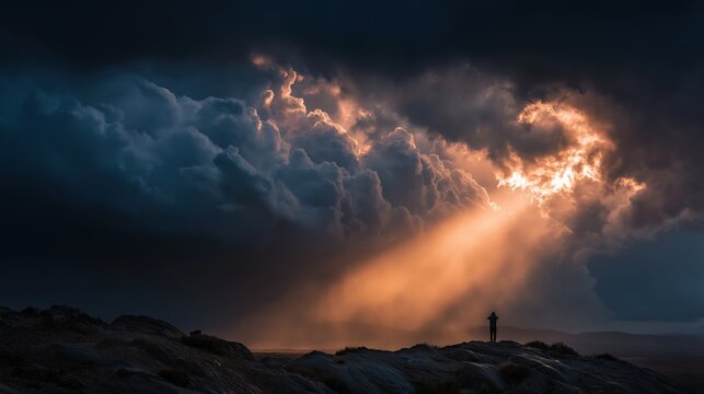 Solitary Figure in Dramatic Sunset: A lone figure stands silhouetted against a breathtaking backdrop of dramatic, stormy clouds pierced by a radiant beam of golden sunlight.