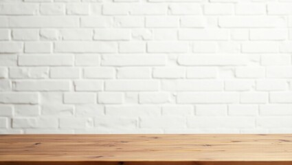Light Brown Wooden Tabletop Against White Brick Wall