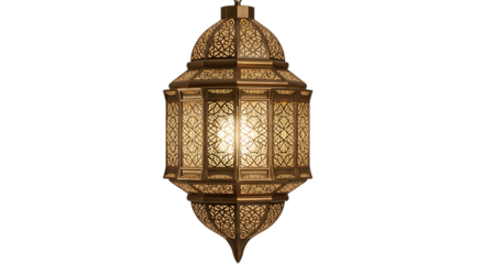 Intricately designed hanging lantern with warm glow illuminating decorative patterns in detail