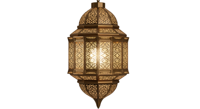 Intricately designed hanging lantern with warm glow illuminating decorative patterns in detail