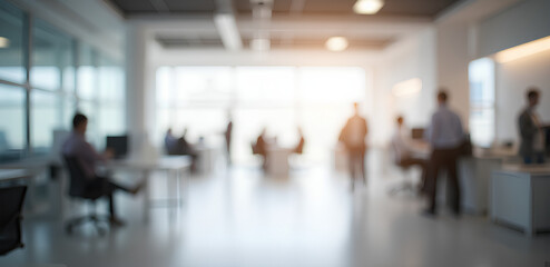 Blurred empty open space white office.blurred people Abstract light bokeh at office interior background for design.	