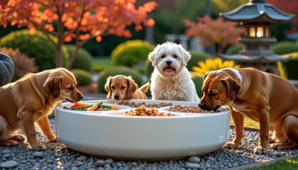 Adorable dogs sitting around a large white food bowl filled with vegetables and meat, outdoors in a peaceful Japanese garden with lanterns and colorful autumn foliage