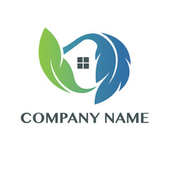 Eco Friendly Home Logo House Surrounded by Green and Blue Leaves for Sustainable Living
