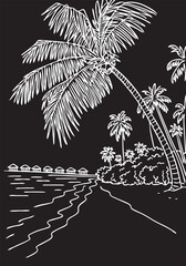 maldives landscape vector sketch on black background chalk. ocean shore vector sketch. resort area with houses on the ocean shore vector chalk drawing on black background