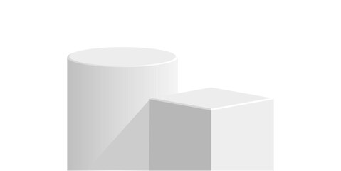 Cylinder and cube blocking white podium stage pedestal and platform vector, a minimalist display composition. Ideal for product showcases, geometric presentations, and modern abstract backdrops.