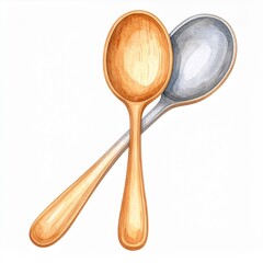 Wooden and Metal Spoons Watercolor Illustration