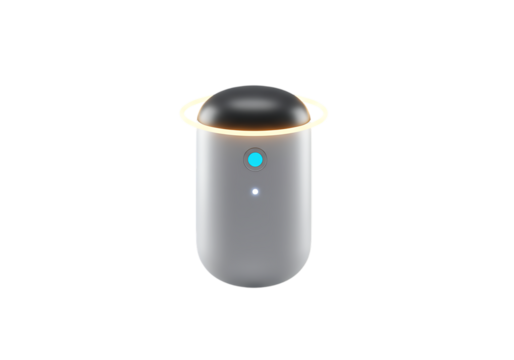 Futuristic minimalist device with glowing ring and indicator lights on black background