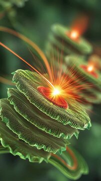 Vibrant green chloroplast thylakoid granum structure captures light energy for photosynthesis, vital plant cell molecular biology