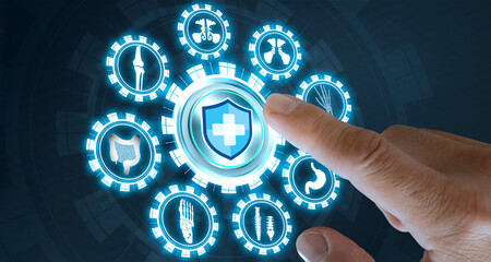 Hand touching digital healthcare interface with medical icons, concept of smart health system and medical technology