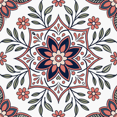 Floral pattern with a central eight-pointed star, surrounded by stylized flowers and leaves in a symmetrical arrangement
