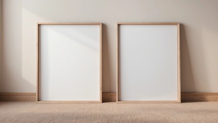 Fototapeta premium Vertical wooden frame mock up on beige floor. Set of two wooden frame mock up poster. Two vertical frame 3D render 
