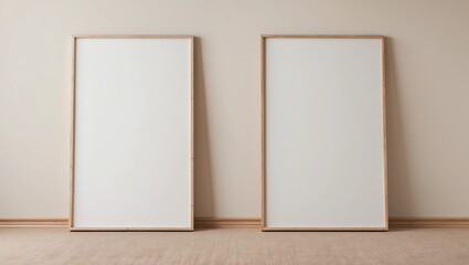 Vertical wooden frame mock up on beige floor. Set of two wooden frame mock up poster. Two vertical frame 3D render 