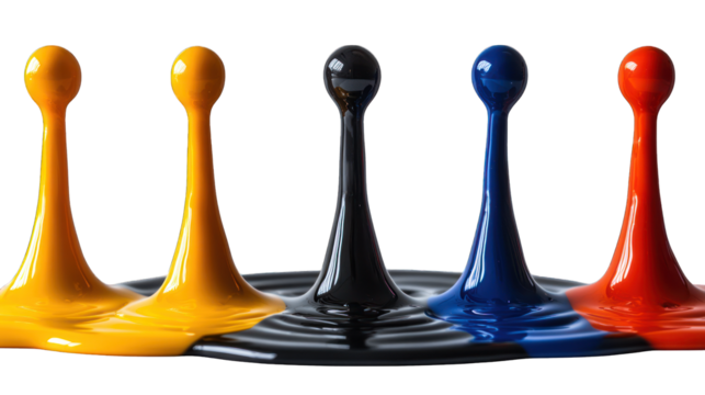 Row of colorful liquid droplets suspended above rippled surface