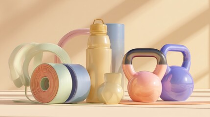Colorful fitness equipment displayed on a light beige surface