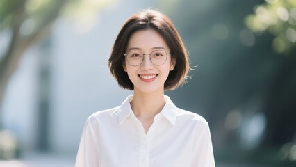 Portrait of a smiling young Asian woman wearing glasses