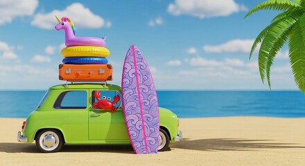Happy crab driving a green car packed for a beach vacation