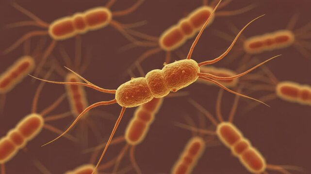 Microscopic View of Bacteria Cells and Microorganisms with Detailed Flagella Structures on brown