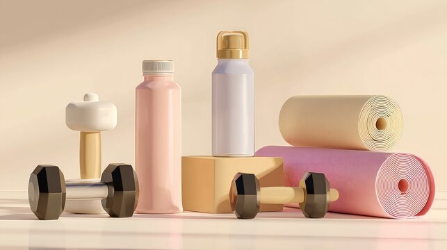 Fitness essentials, water bottles, and exercise equipment