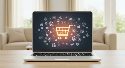 Laptop Displaying ECommerce Icon Representing Surge Of Online Retail Demand And Global Supply Chain Resilience Issues