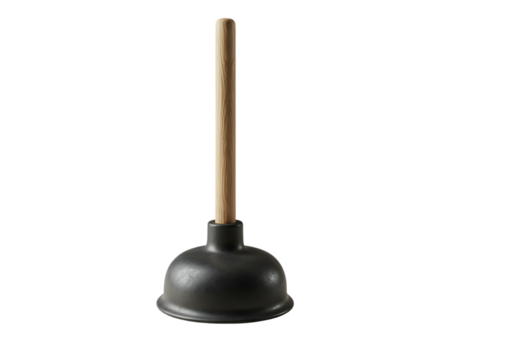 A close up shot of a detailed black plunger with a wooden handle