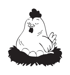 hen broody sits in nest and hatches eggs vector black and white sketch.chicken sitting in a straw nest vector cartoon sketch