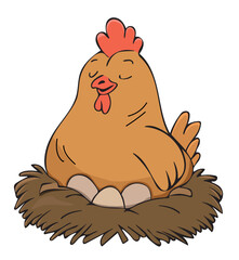 chicken sitting in a straw nest vector cartoon sketch. hen hatching eggs vector illustration