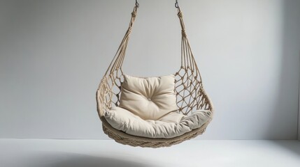 Fototapeta premium Beige macrame chair with cushion hanging from ceiling