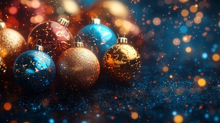 Festive Christmas ornaments with sparkling lights and glitter background