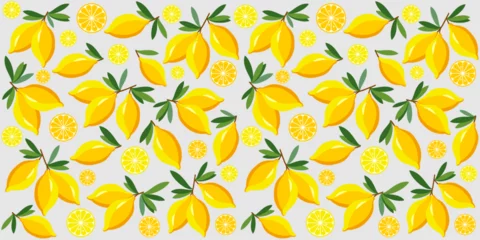 Gordijnen Seamless lemon pattern. Yellow background. Juicy lemons on a branch. Good for textile fabric design, wrapping paper, website wallpapers, textile, wallpaper and apparel. vector illustration © Semiletava Hanna