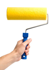 Hand painting using a yellow roller brush isolated on a transparent or white background