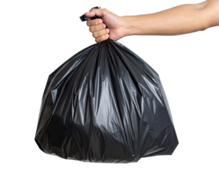 A man's hand holds out a rubbish bag Isolated on Transparent or White Background