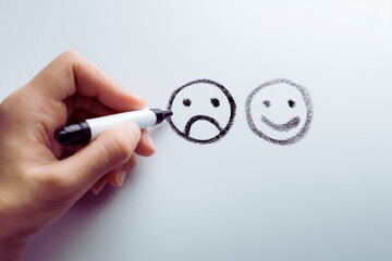 Hand holding black marker drawing a smiley face next to a sad face on white surface, symbolizing emotional transformation, positivity, and mindset shift for mental health and personal growth themes