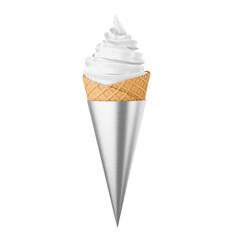 A delicious ice cream cone featuring a swirl of white soft serve atop a waffle cone.