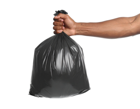 A man's hand holds out a rubbish bag Isolated on Transparent or White Background