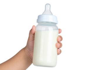 Baby's hand holding a milk bottle Isolated on Transparent or White Background