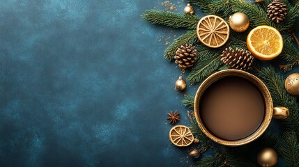 Festive Christmas composition with coffee, ornaments, and pine branches