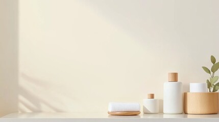 Minimalist Skincare Showcase, elegant and clean arrangement of skincare products on a simple countertop, inviting for marketing content integration