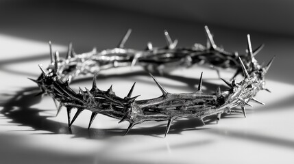 Fototapeta premium Crown of Thorns Symbolism: This evocative monochrome image features a crown of thorns, its sharp spikes casting stark shadows, symbolizing sacrifice, pain, and deep spiritual meaning.
