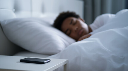 Fototapeta premium A smartphone rests on a nightstand beside a sleeping person, highlighting themes of digital detox and nighttime disconnection. 