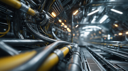 Fototapeta premium A labyrinthine tunnel features a complex network of industrial pipes and yellow cables, conveying a sense of vast infrastructure or data pathways. 