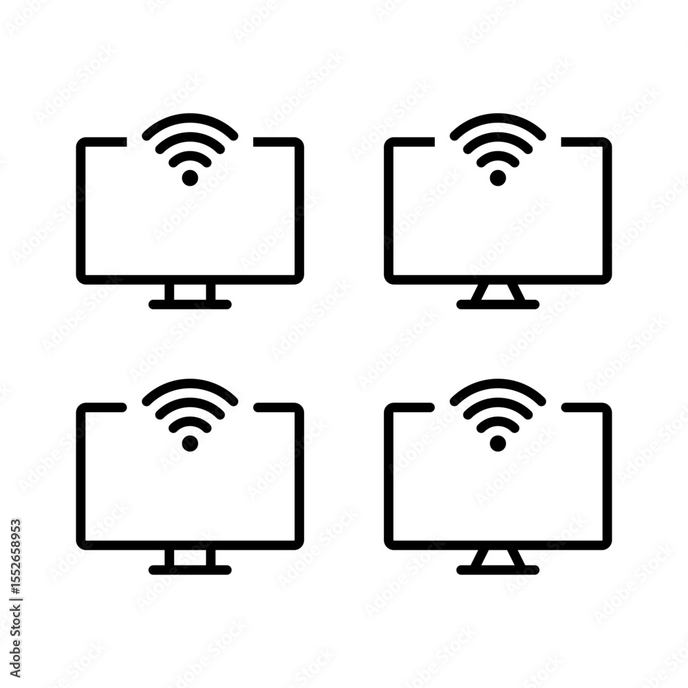 Poster computer monitor with wifi signal icon set in line style. desktop pc screen with wireless network sy