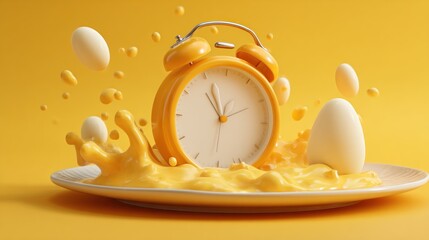An alarm clock and eggs in a splash of vibrant yellow, a cheerful Easter scene