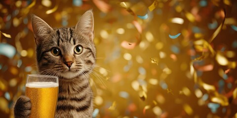 A feline friend celebrates with beer amidst a flurry of celebratory confetti