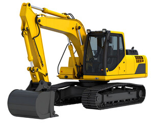 Heavy modern yellow digger excavator Isolated on Transparent or White Background