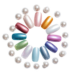 Close-Up of Ten Colorful Fake Nails in a Circular Pattern with Transparent Background

