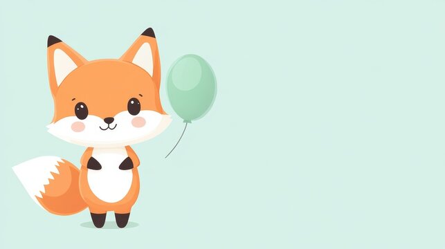 Charming chibi fox with a balloon, vibrant gradient backdrop, ideal for playful text integration, whimsical and colorful design
