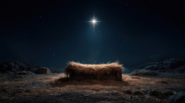 Star of Wonder: A symbolic depiction of the nativity, with a bright star shining down upon an empty manger, embodying hope, faith, and the spirit of Christmas.