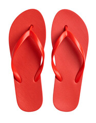 Red Flip Flops, summer concept top view full length Isolated on Transparent or White Background