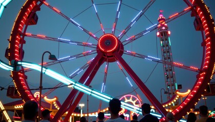 Vibrant illuminated amusement park ferris wheel and rides at night with colorful LED lights and silhouetted visitors enjoying the festive atmosphere