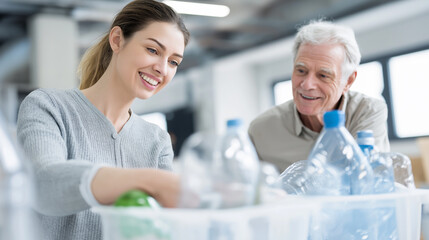 A smiling young woman and an older man sort plastic bottles into a recycling bin, promoting intergenerational environmental responsibility.